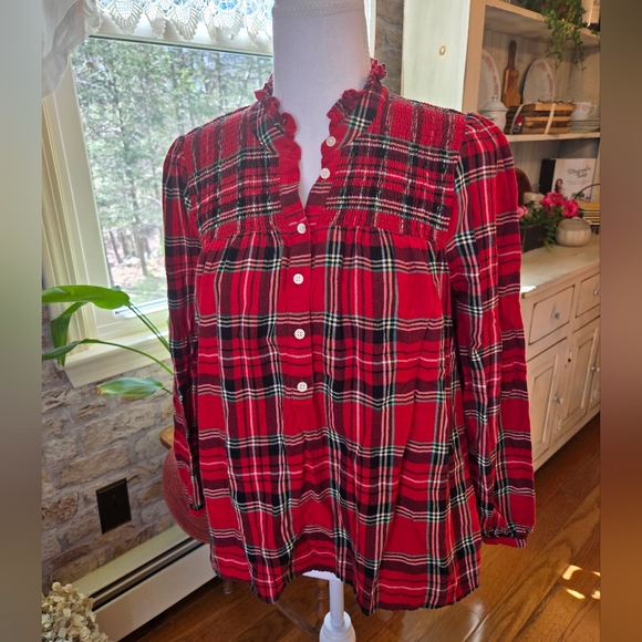 J. Crew Tops - J. Crew Red Plaid Smocked Blouse with Green Accents Dize XS